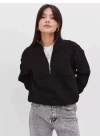 Oversize Yarım Farmuarlı Yakalı Basic SweatShirt - Siyah