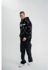 Unisex Kapşonlu Varak ve Pano Baskılı SweatShirt- Siyah