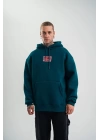 Double Oversize Kapşonlu Dijital Patchli SweatShirt - Koyu Deniz Yeşili