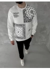 Üç İplik Desenli Bisiklet Yaka Oversize SweatShirt - Beyaz