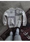 Üç İplik Desenli Bisiklet Yaka Oversize SweatShirt - Beyaz