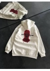 Üç İplik Kapüşonlu Baskılı Oversize SweatShirt- Beyaz