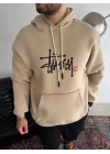 Üç İplik Kapşonlu Baskılı SweatShirt - Bej