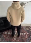 Üç İplik Kapşonlu Baskılı SweatShirt - Bej