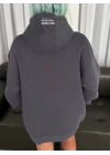 Üç İplik Kapşonlu Baskılı SweatShirt - Füme