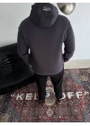 Üç İplik Kapşonlu Baskılı SweatShirt - Füme