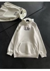 Üç İplik Penye Uzun Kol Kapüşonlu Baskılı SweatShirt - Beyaz