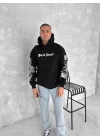 Üç İplik Uzun Kol Kapüşonlu Baskılı SweatShirt - Siyah