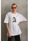 Unisex Baskılı Oversize T-Shirt - Beyaz