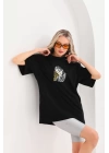 Unisex Baskılı Oversize T-Shirt - Siyah