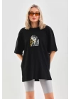 Unisex Baskılı Oversize T-Shirt - Siyah