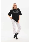 Unisex Baskılı Oversize T-Shirt - Siyah