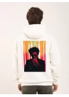 Unisex Baskılı Oversize Üç İplik Kapüşonlu Sweatshirt - Beyaz