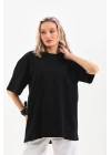 Unisex Bisiklet Yaka 20/1 Düz Oversize T-Shirt - Siyah