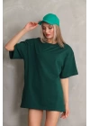 Unisex Bisiklet Yaka 20/1 Düz Oversize T-Shirt - Yeşil