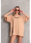 Unisex Bisiklet Yaka Baskılı Oversize T-Shirt - Bej