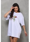 Unisex Bisiklet Yaka Baskılı Oversize T-Shirt - Beyaz