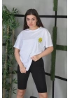 Unisex Bisiklet Yaka Baskılı Oversize T-Shirt - Beyaz