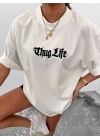 Unisex Bisiklet Yaka Baskılı Oversize T-Shirt - Beyaz