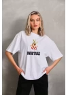 Unisex Bisiklet Yaka Baskılı Oversize T-Shirt - Beyaz