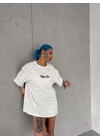 Unisex Bisiklet Yaka Baskılı Oversize T-Shirt - Beyaz