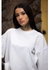 Unisex Bisiklet Yaka Baskılı Oversize T-Shirt - Beyaz