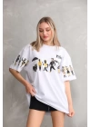 Unisex Bisiklet Yaka Baskılı Oversize T-Shirt - Beyaz