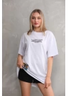 Unisex Bisiklet Yaka Baskılı Oversize T-Shirt - Beyaz