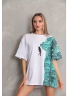 Unisex Bisiklet Yaka Baskılı Oversize T-Shirt - Beyaz