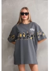 Unisex Bisiklet Yaka Baskılı Oversize T-Shirt - Gri