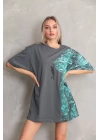 Unisex Bisiklet Yaka Baskılı Oversize T-Shirt - Gri