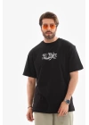 Unisex Bisiklet Yaka Baskılı Oversize T-Shirt - Siyah