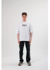 Unisex Bisiklet Yaka Baskılı Oversize T-Shirt - Siyah