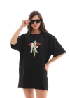 Unisex Bisiklet Yaka Baskılı Oversize T-Shirt - Siyah