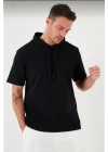 Unisex Kapşonlu Kısa Kol Düz Oversize T-shirt - Siyah