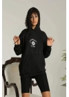 Unisex Kapüşonlu Üç İplik Oversize Baskılı Sweatshirt - Siyah