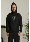 Unisex Kapüşonlu Üç İplik Oversize Baskılı Sweatshirt - Siyah