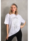 Unisex Taş Desenli Oversize T-Shirt - Beyaz