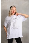 Unisex Taş Desenli Oversize T-Shirt - Beyaz