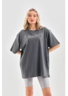 Unisex Taş Desenli Oversize T-Shirt - Füme