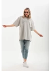 Unisex Taş Desenli Oversize T-Shirt - Gri