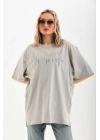 Unisex Taş Desenli Oversize T-Shirt - Gri