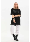 Unisex Taş Desenli Oversize T-Shirt - Siyah