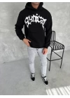 Unisex Üç İplik Kapüşonlu Baskılı SweatShirt - Siyah