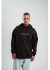 Unisex Üç İplik Kapşonlu Nakışlı SweatShirt - Kahve