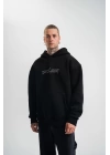 Unisex Üç İplik Kapşonlu Nakışlı SweatShirt - Siyah