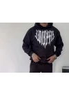 Uzun Kol Kapüşonlu Baskılı SweatShirt - Siyah