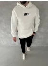 Uzun Kol Kapüşonlu Göğüs Baskılı SweatShirt - Beyaz