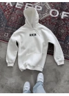 Uzun Kol Kapüşonlu Göğüs Baskılı SweatShirt - Beyaz