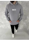 Uzun Kol Kapüşonlu Göğüs Baskılı SweatShirt - Gri